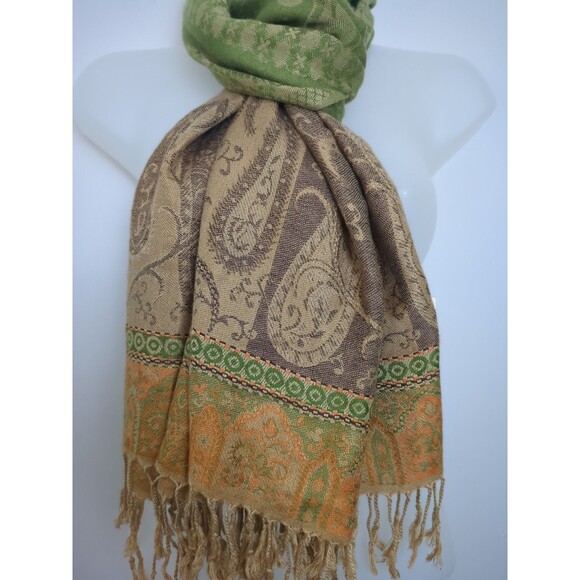Paisley Pashmina & Silk Scarf Shawl Wrap One Size Elegant Sage Green/Orange - Picture 9 of 10